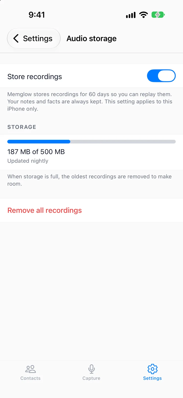 The Memglow Audio storage screen with Store recordings switched on and a meter showing how much of the 500 MB is in use