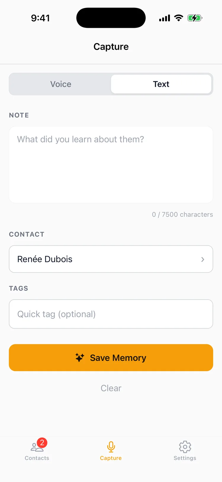 The Memglow Capture screen opened from a contact header, with the contact field already filled in