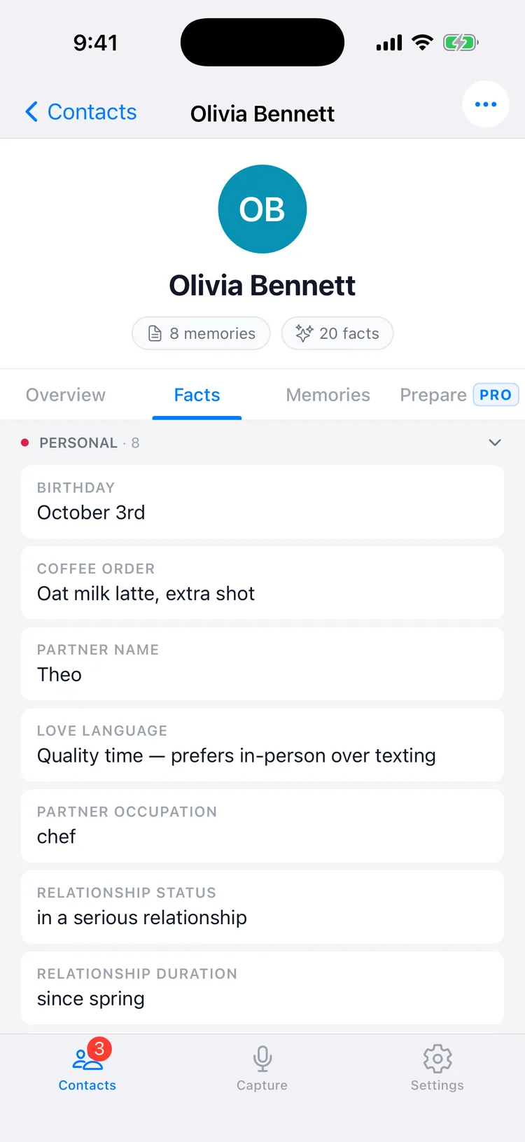 Structured facts organized by category on a Memglow contact