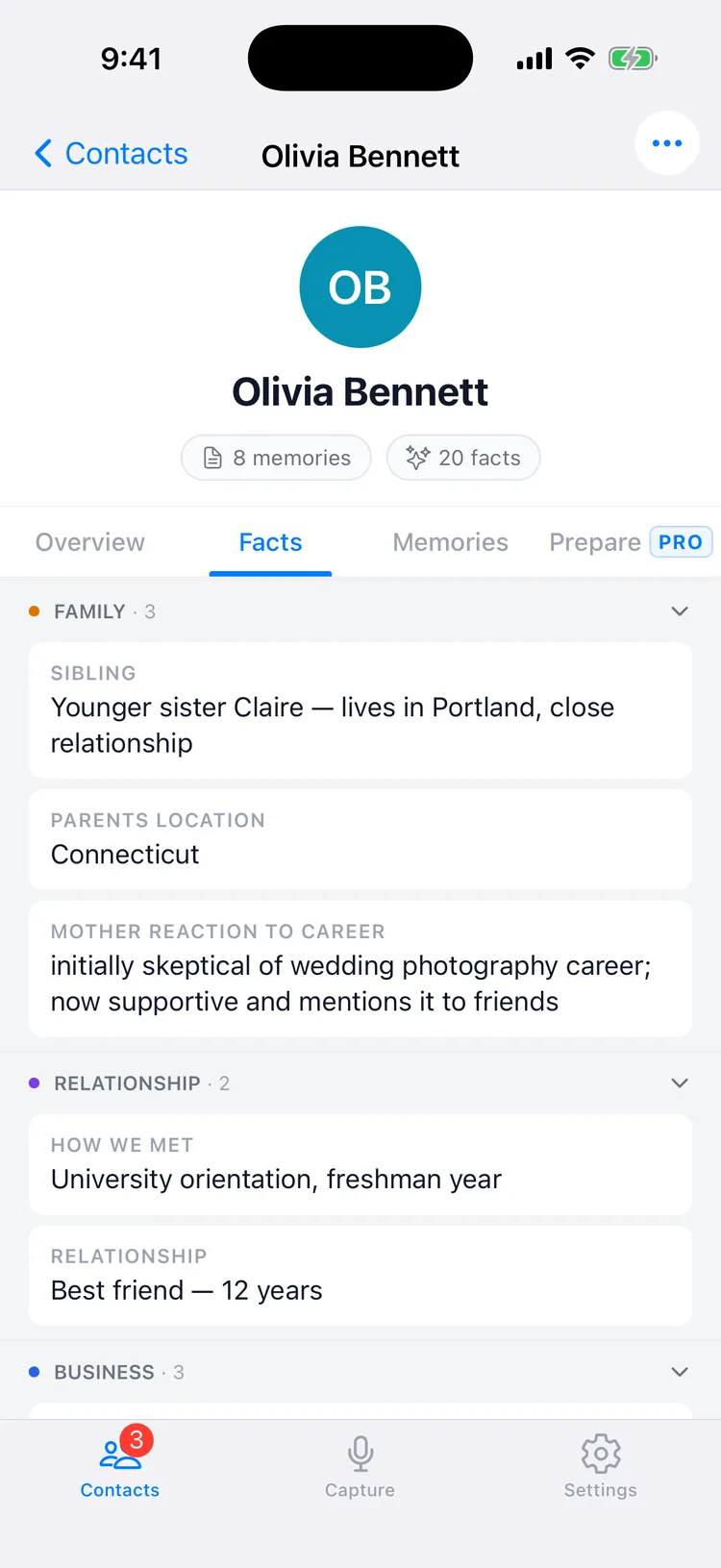 Categorized facts on a Memglow contact profile