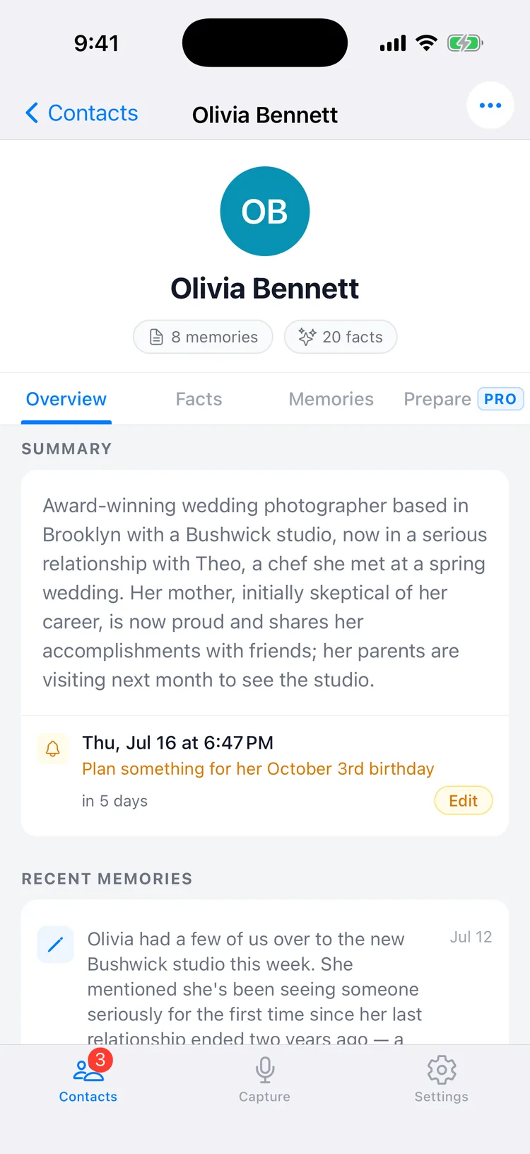 A contact profile in Memglow with AI summary and reminder