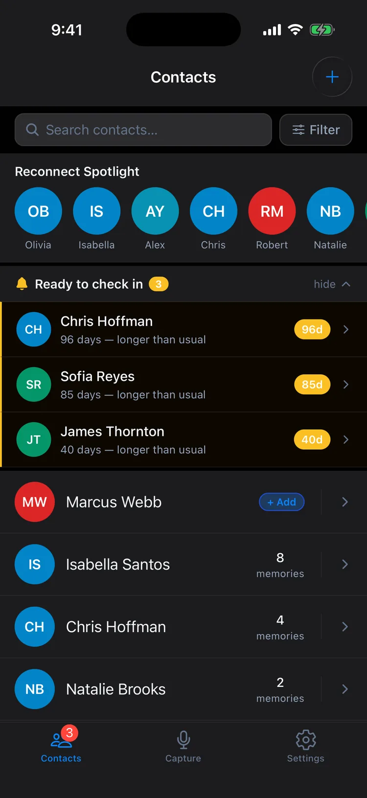Memglow contacts list showing Reconnect Spotlight and relationship nudges