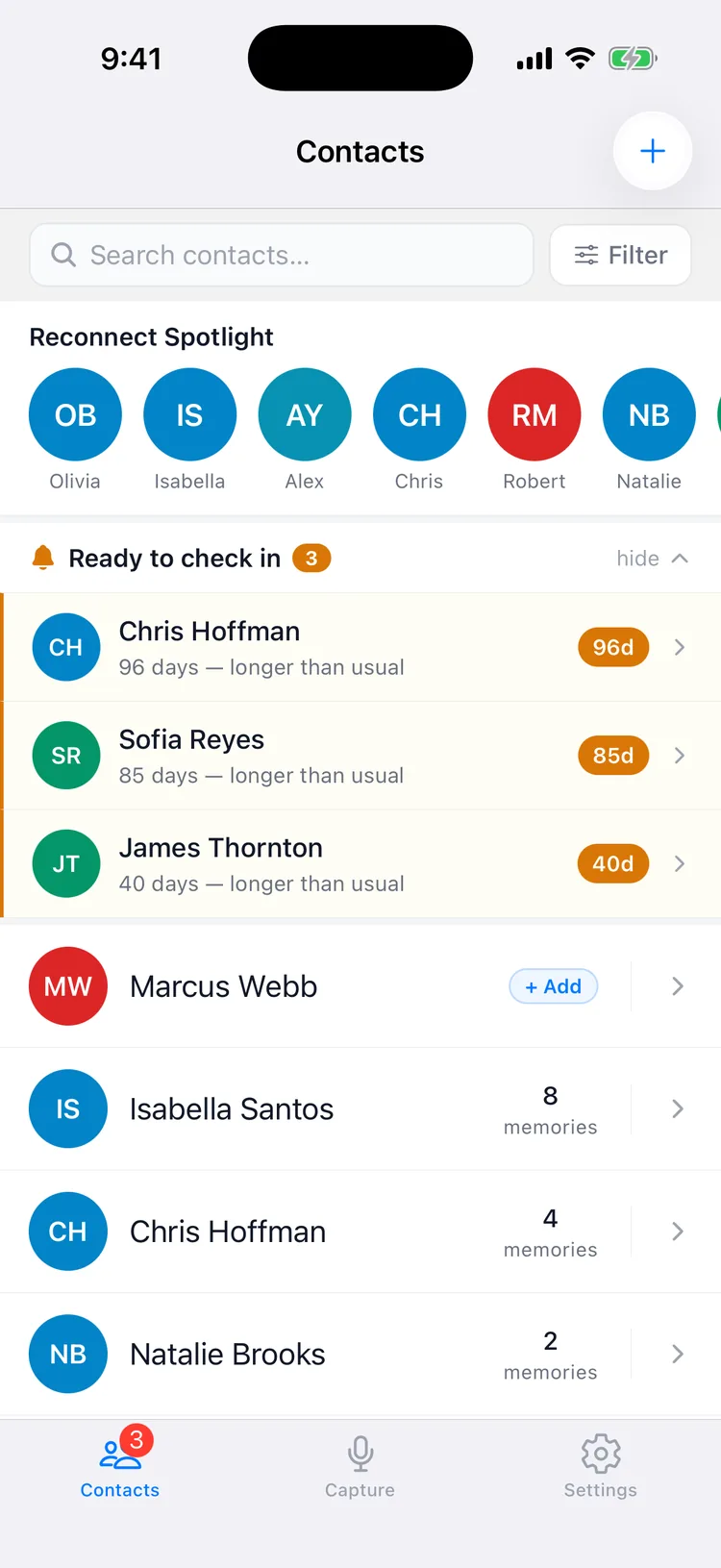 Reconnect Spotlight and Ready to check in on the Memglow contacts list