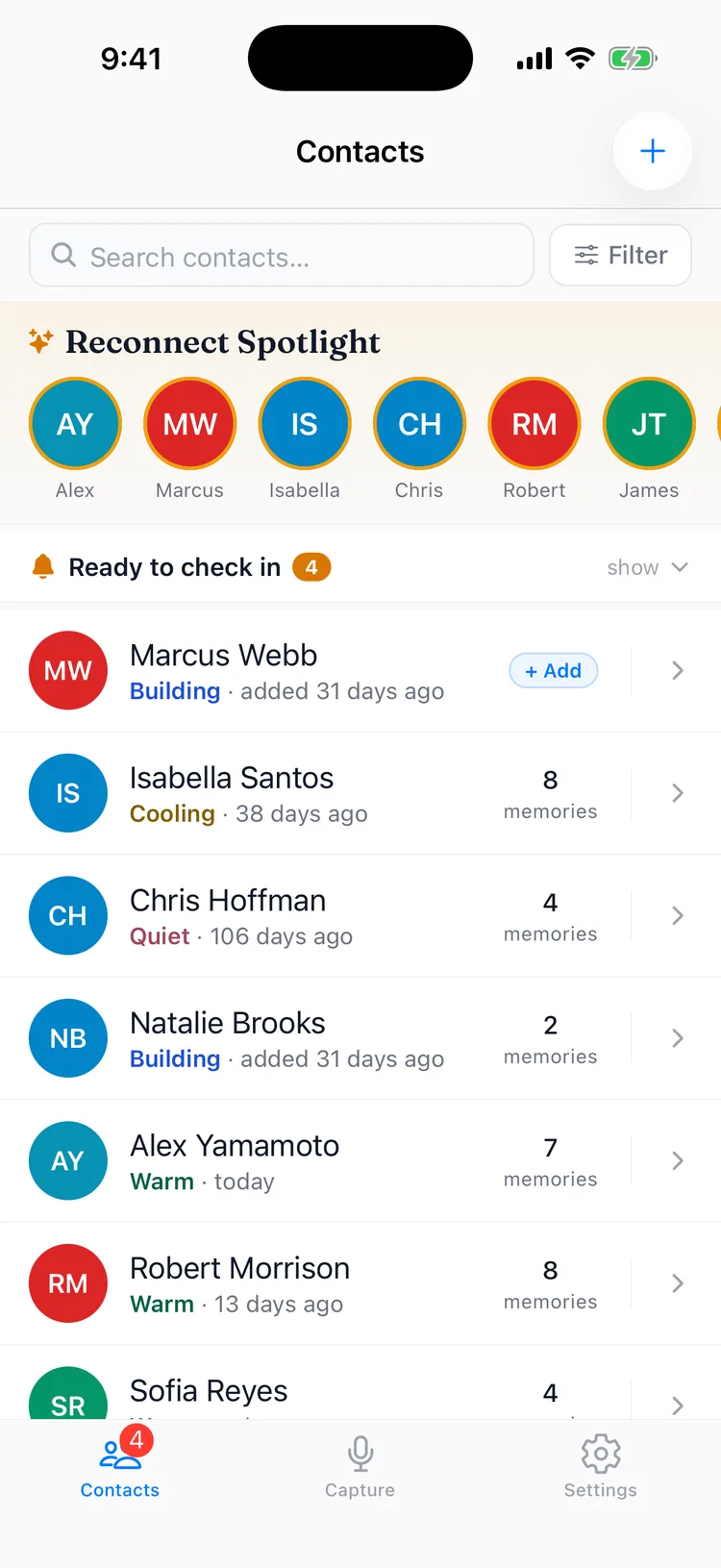 The Memglow contacts list with a colored health band on each person, showing Warm, Cooling, Quiet, and Building