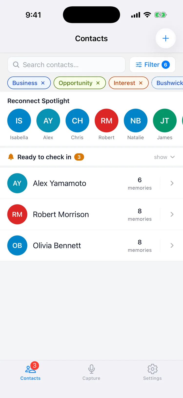 Searching and filtering contacts in Memglow
