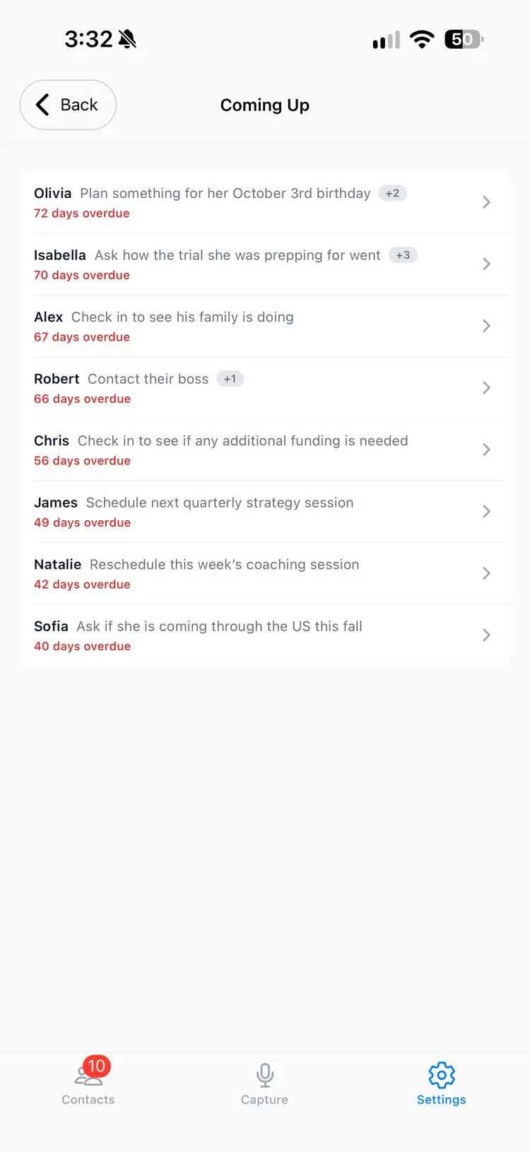 The full Coming Up list from the Memglow weekly digest, showing eight people, each with a follow up and how many days overdue it is