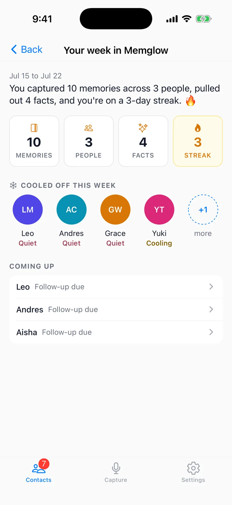 The Memglow 1.4 relationship digest recapping the week with a cooled off list and a coming up section