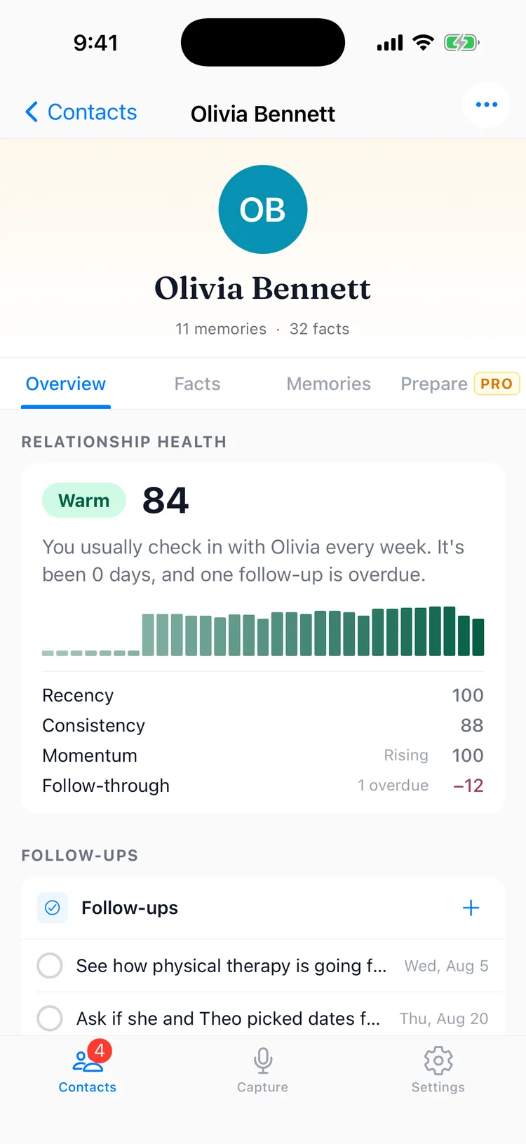 A contact's relationship health detail in Memglow, showing the band, a numeric score, a trend sparkline, and factor rows