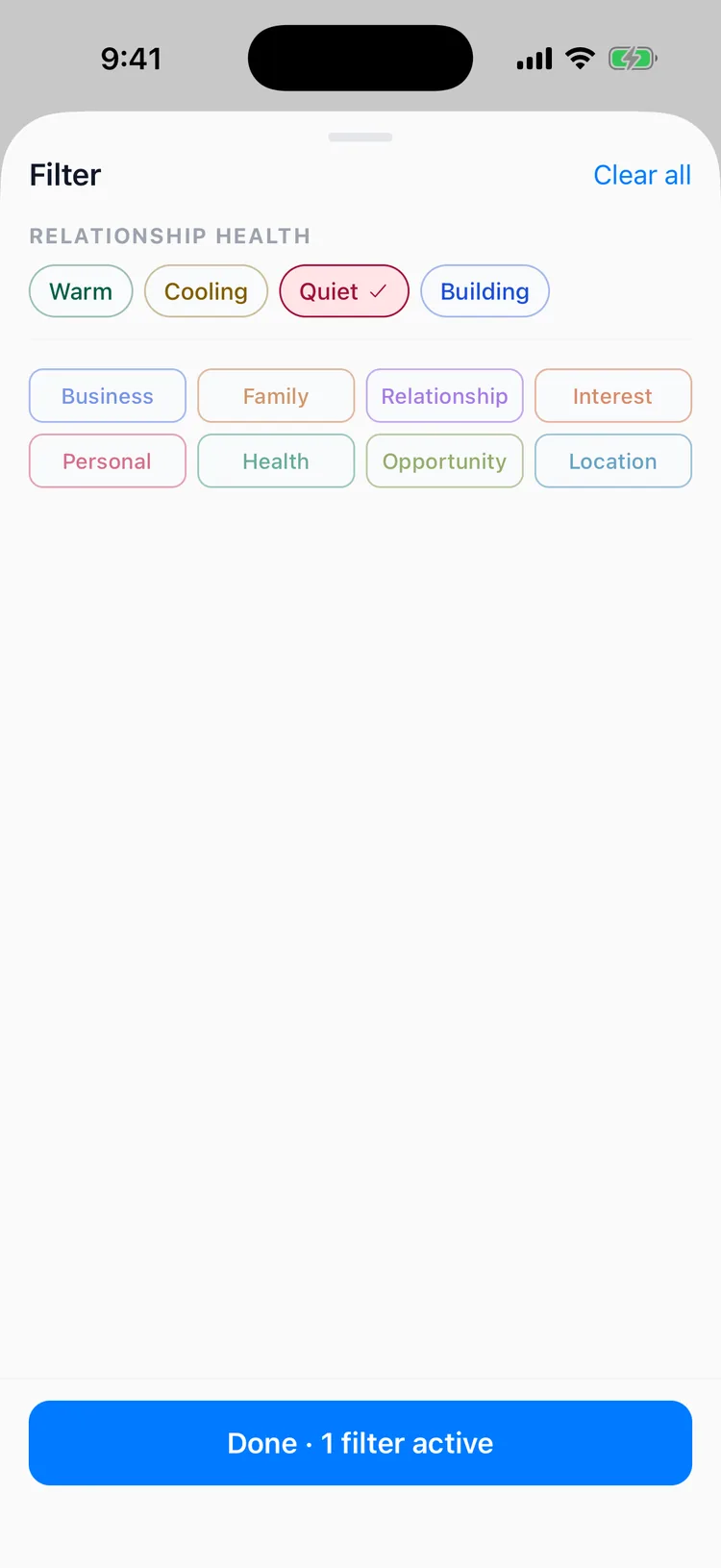 The Memglow filter sheet with relationship health bands alongside tag and category filters