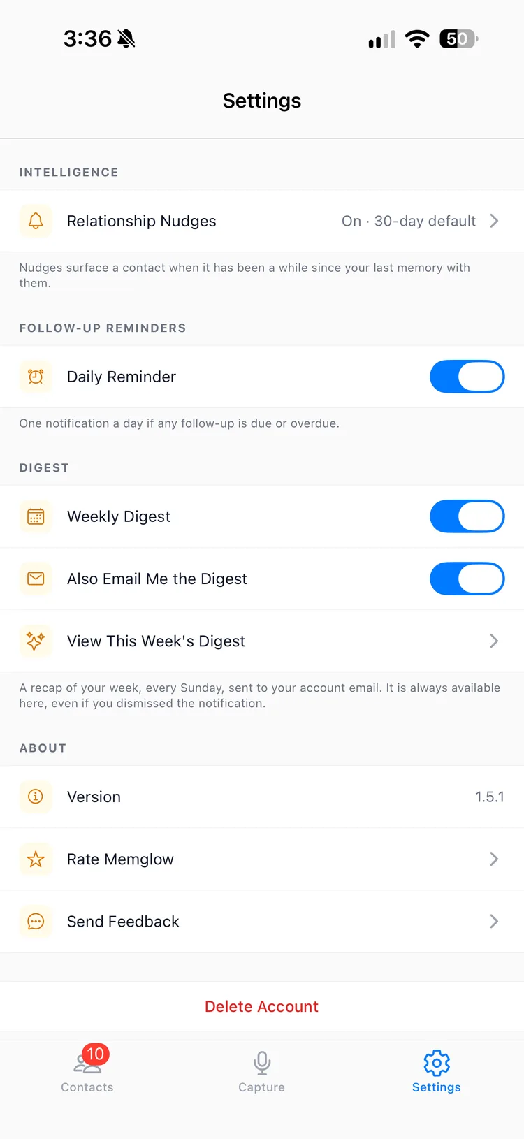 The Memglow Settings screen with a Daily Reminder toggle switched on, above the Weekly Digest settings