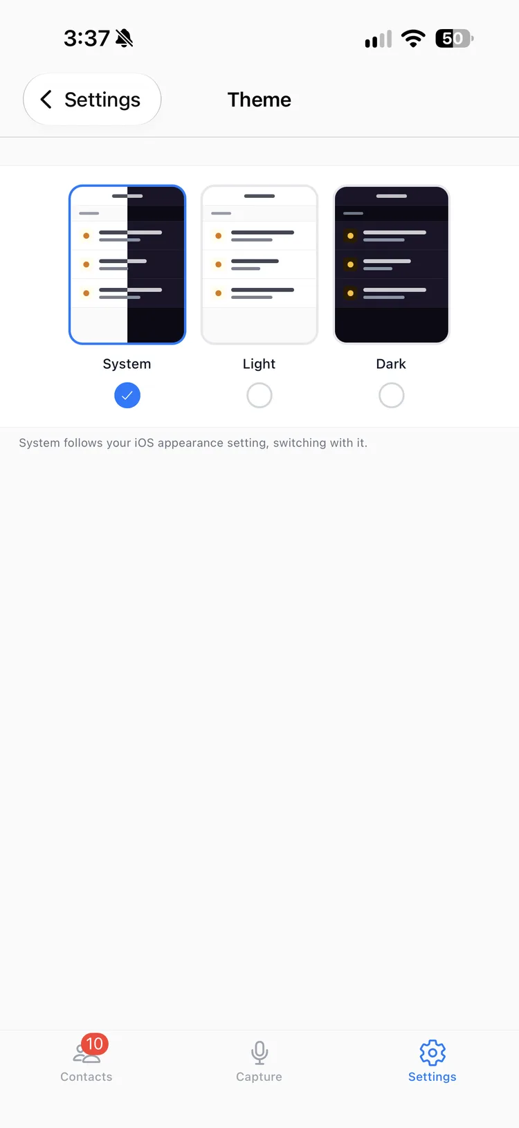 The Memglow Theme picker with three small previews labelled System, Light and Dark, with System selected
