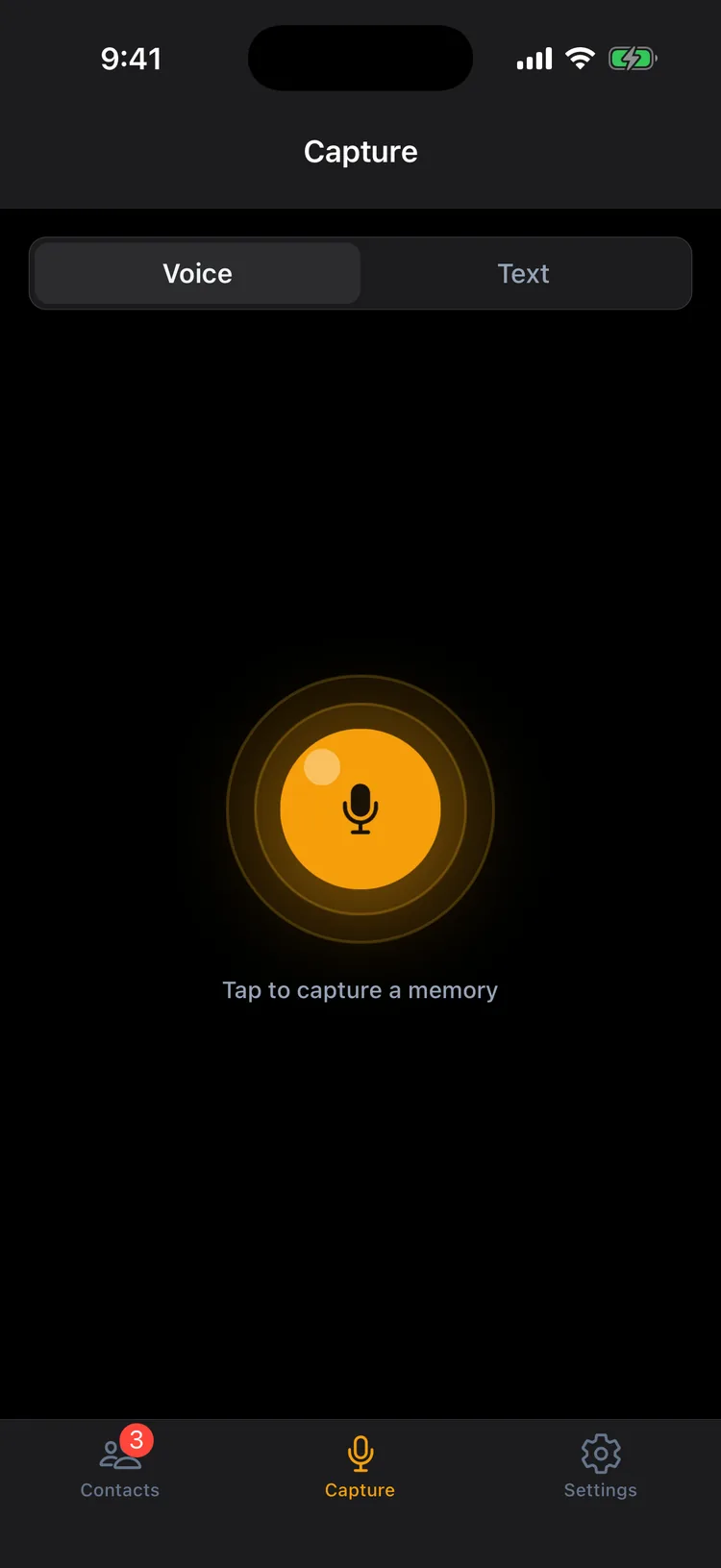 Memglow voice capture screen with glowing record button