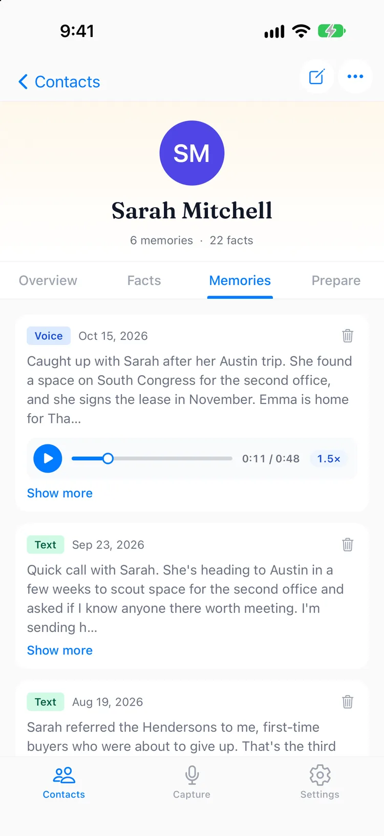 A voice note playing on a contact's Memories tab in Memglow, with a speed control set to 1.5x and a scrubber partway through